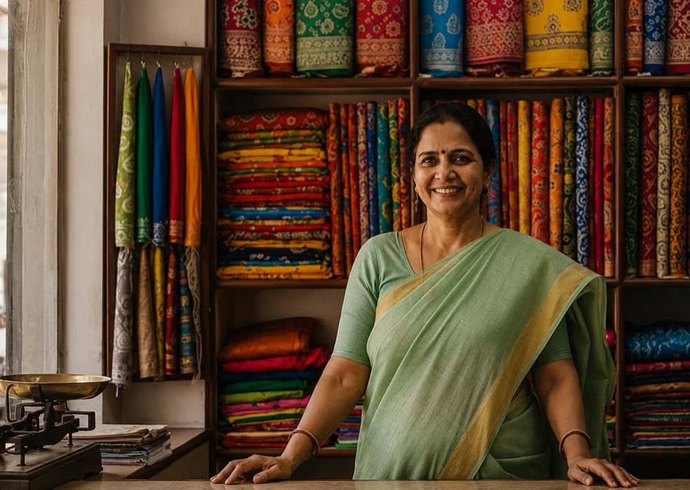 Priya Sharma at her textile shop